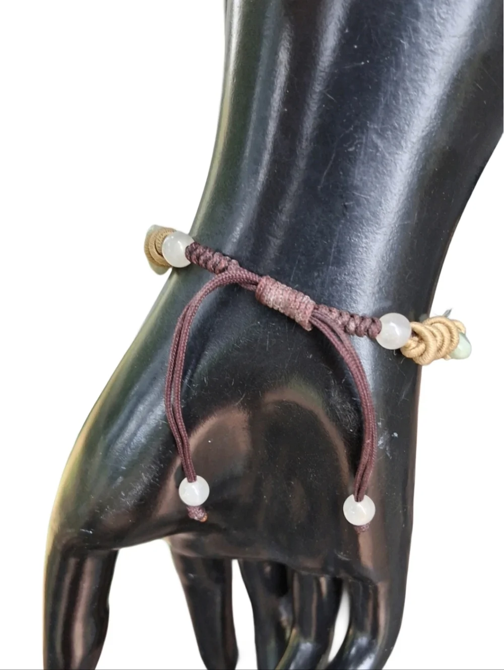 Vintage Hand-Carved Jade & Rose Quartz Macramé Slider Bracelet - Eternity Symbol